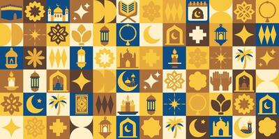 A colorful mosaic of Ramadan symbols and patterns, including a palm tree, a star, and a crescent moon vector
