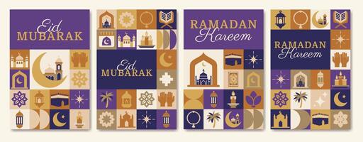 A set of Ramadan posters with a variety of symbols and designs, all related to Ramadan. The posters feature a mix of religious and cultural symbols, such as the crescent moon, stars, and palm trees vector