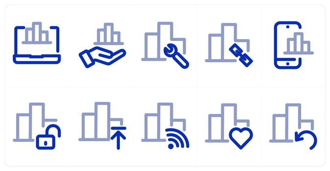 A set of 10 bar graph icons as online statistics, graph, graph maintenance vector