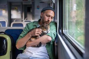Caring man comforts, hugging nervous cat from carrier, pet on lap watching out window in train car photo