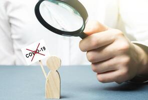 A man with a magnifying glass examines a quarantine protester. Studying influence of propaganda and misguided broadcasters to form a false knowledge of virus threat. Denial of official information. photo