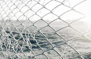 View of a winter farm field through a mesh fence. Frost on fence grate, frosty cold. Agricultural industry. Beautiful sunrise in countryside. Property fencing and cattle barriers. Sunny day. photo