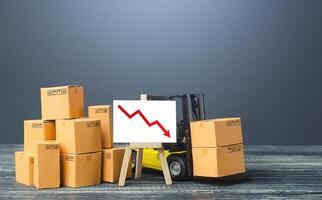 Forklift near boxes and easel with red arrow down. Decline trade and production rates, decreased sales. Low import export. Economic reduced, industry degradation. Marketing, price reduction. photo