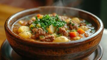 Traditional Welsh cawl, dish of tender lamb, potatoes, and leeks, in rustic bowl with fresh parsley. St. David Day photo