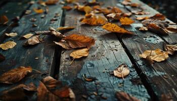 Autumn Leaves Scattered On Weathered Wooden Table photo