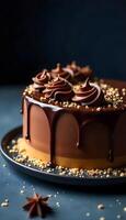 Chocolate cake with peanut butter frosting on a dark background photo