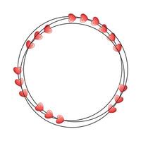 Pink hearts are arranged on a round frame wreath on a white background for romantic cards. vector