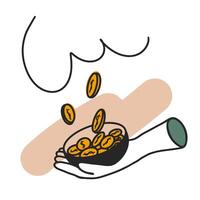 Easy money concept. Money rain. Hands catch coins that fall from the sky. Cashback concept. Successful beginnings, startup, investment. Making profit without effort vector