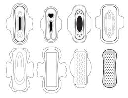 Linear sanitary napkins on isolated white background. Feminine hygienic pads. Personal hygiene elements for menstruation. Different sizes and forms of absorbent pad for woman vector