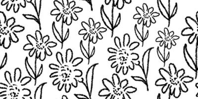 Seamless pattern with chamomile, leaves, floral stems. Background with primitive wild plants drawing with grunge brush. Black and white botanical elements. Simple plants. Flower illustration vector