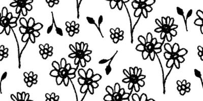 Seamless pattern with flowers, leaves, floral stems. Background with primitive daisies drawing with grunge brush. Black and white botanical elements. Simple style plants vector