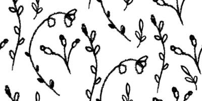 Seamless pattern with floral stems, branches, flowers. Background with primitive wild plants drawing with grunge brush. Black and white botanical elements. Simple style plants vector