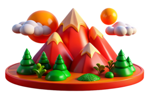Vibrant 3D Mountain Landscape with Playful Elements Like Trees Sun and Clouds Perfect for Creating Fun Art Pieces and Capturing Nature Beauty Effectively png