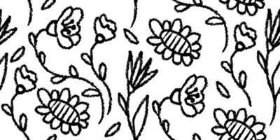 Seamless pattern with flowers, leaves, floral stems. Background with primitive wild plants drawing with grunge brush. Black and white botanical elements. Simple style vector