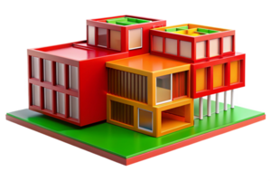 Creative Colorful Modular Building Design Featuring Red and Orange Blocks with Green Roof Elements for Unique Architectural Satisfaction and Art Inspiration png