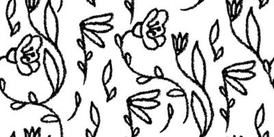 Seamless pattern with flowers, leaves, floral stems. Background with primitive wild plants drawing with grunge brush. Black and white botanical elements vector