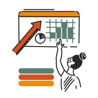 Data analytics concept. Growth chart. Person analyzes data. Successful business performance. Financial success. Business data graph. Achieving high results. Increase earning vector