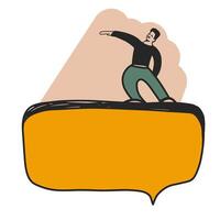 Businessman stands on speech bubble and shows direction with his hand. Motivated man ready to implement an idea. Embodiment of innovation. Message bubble vector