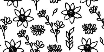 Seamless pattern with chamomile, leaves, floral stems. Background with primitive wild plants drawing with grunge brush. Black and white botanical elements. Flower illustration. Simple plants vector