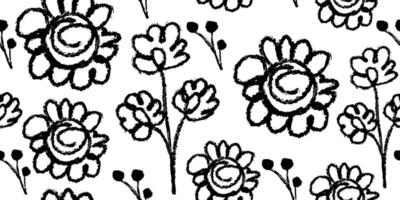 Seamless pattern with chamomile, berries, floral stems. Background with primitive wild plants drawing with grunge brush. Black and white botanical design elements. Simple plants vector
