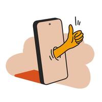 Hand sticks out of smartphone screen. Hand with thumbs up. Like gesture. Likes on social networks concept. Retro style illustration. Good recommendation. Approval of a service or product vector