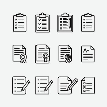 Lista de Verificación y documentos icono colocar. documento verificación y Lista de Verificación íconos recopilación. documentos y tarea lista icono conjunto para oficina usar. vector