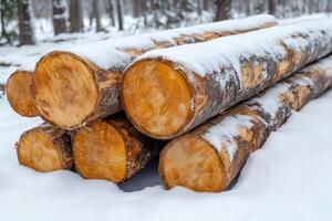 Stack of logs covered with snow. photo
