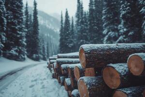 Stack of logs covered with snow by winter road through forest. photo