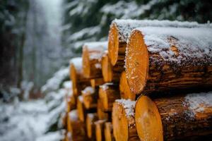 Stack of logs covered with snow.. photo