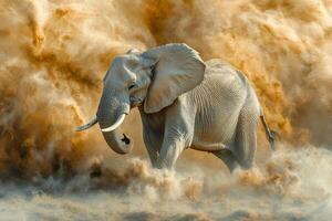 Majestic elephant running through a cloud of dust in the savannah photo