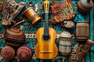 Ethnic musical instruments creating a bohemian atmosphere with colorful textiles photo