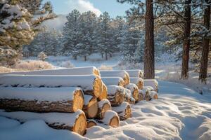 Stack of logs covered with snow in a winter forest photo