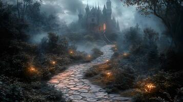 Stone path leading to a mysterious castle in a foggy forest at dusk photo