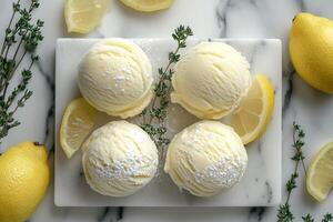 Four scoops of lemon and thyme ice cream resting on marble tray, garnished with lemon wedges and thyme sprigs photo