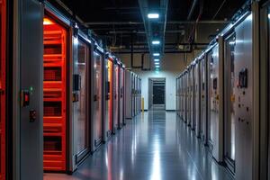 Server racks glowing red in modern data center corridor photo