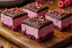 Delicious raspberry ice cream with chocolate topping and freeze dried raspberries resting on wooden cutting board photo