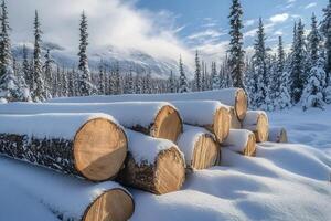 Pile of logs covered with snow in a winter forest photo