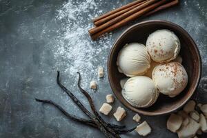 Vanilla ice cream scoops with cinnamon, vanilla pods and sugar on dark background photo