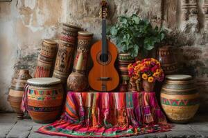 Ethnic musical instruments displayed on colorful textile in front of aged wall photo