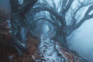 Snowy path winding through gnarled, fog-shrouded trees in winter photo