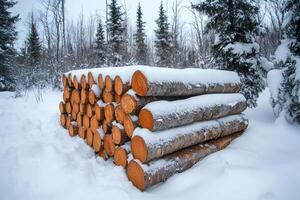 Stack of logs covered with snow in winter forest photo