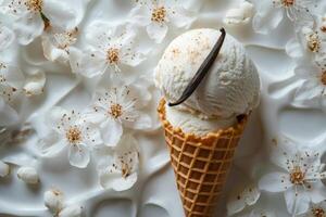 Vanilla ice cream in waffle cone with vanilla pod on white background decorated with flowers photo