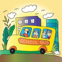 School bus with children on the background of the school building. vector