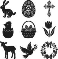 Easter Silhouette Set with Bunny, Eggs, Cross, and Wreath - Black vector