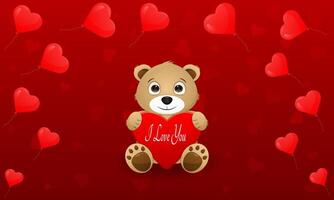 Cute bear holding heart with text on a red background with floating hearts for Valentines Day celebration vector