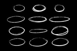 Crayon highlight chalk circles set with white gritty strokes on black background. vector
