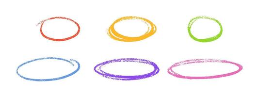 Crayon highlight multicolored oval frames. Chalk textured shapes with grainy edges on white background. vector