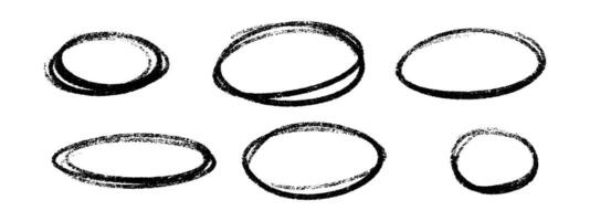 Crayon highlight oval frames set with textured black brush strokes on white background. vector