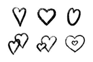 Crayon heart shapes with chalk texture set. Black sketched romantic symbols vector