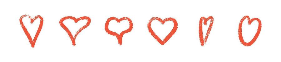Crayon heart collection in coral red color vector